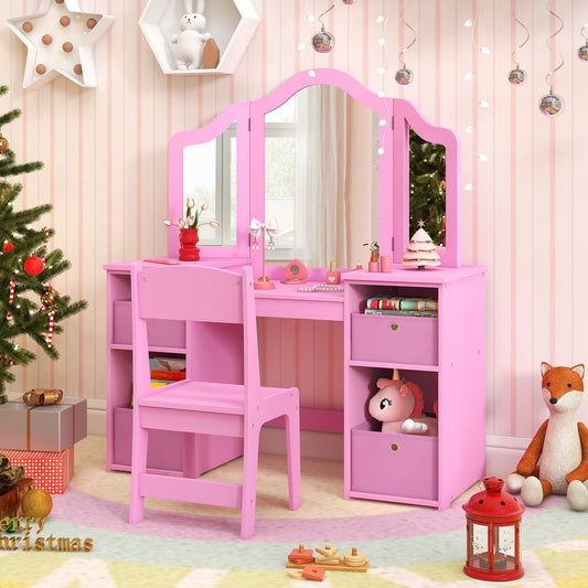 Ensemble de Table de Coiffeuse et Chaise pour Enfants avec Miroirs et Bacs de Rangement, Rose