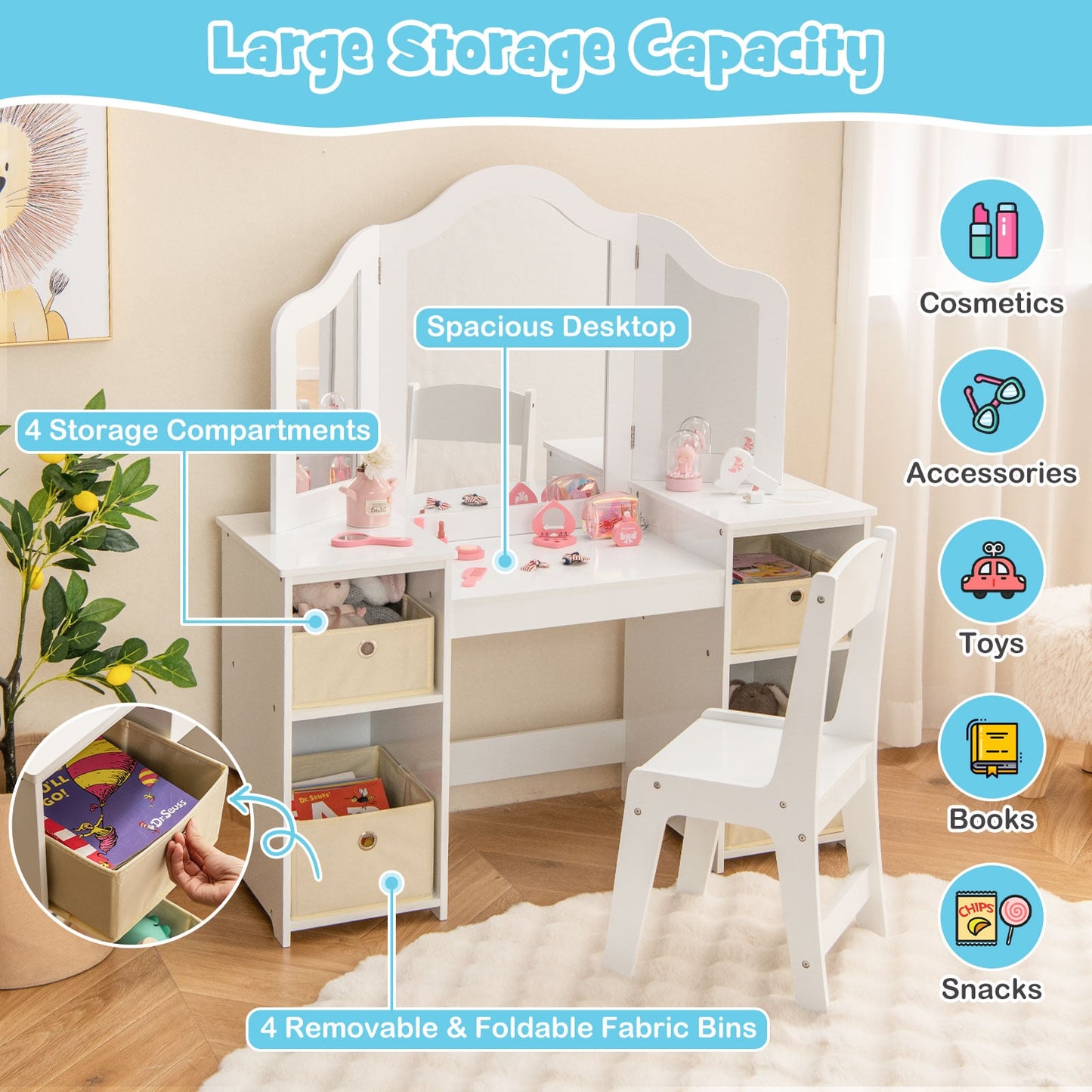 Ensemble Table de Vanité et Chaise pour Enfants, Avec Miroirs et Bacs de Rangement, Blanc