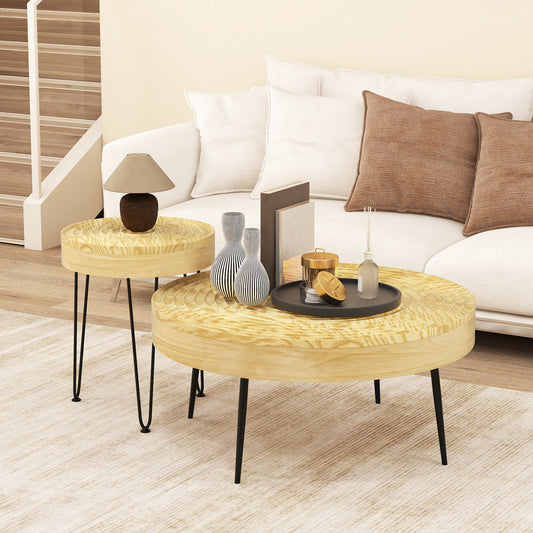 Set Of 2 Solid Wood Farmhouse Round Coffee Tables, Natural