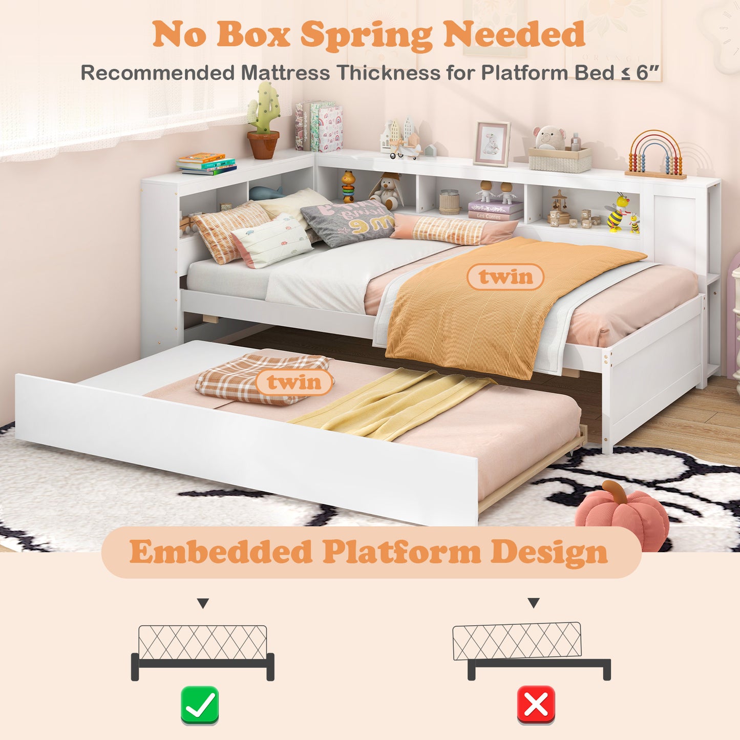 Twin Size Platform Bed Frame With Trundle, White Trundle Bed Frame at Gallery Canada