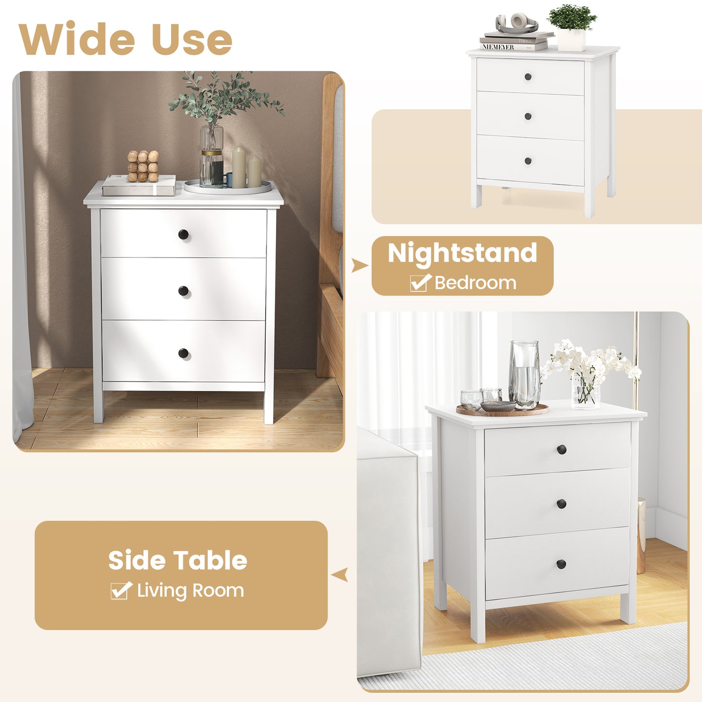 3-Drawer Wooden Nightstand Modern Bedside Table, White Nightstands at Gallery Canada