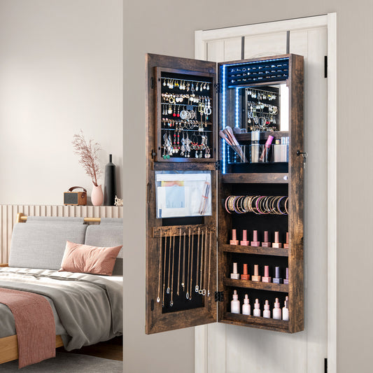 42.5 Inches Jewelry Mirror Wall Cabinet, 3-Color LED Lights, Rustic Brown Jewelry Armoires Rustic Brown at Gallery Canada
