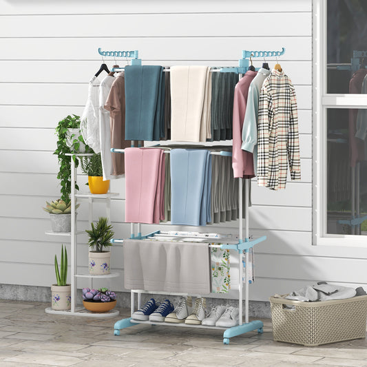 4-Tier Clothes Drying Rack, Rotatable Side Wings, Collapsible Shelves, Blue
