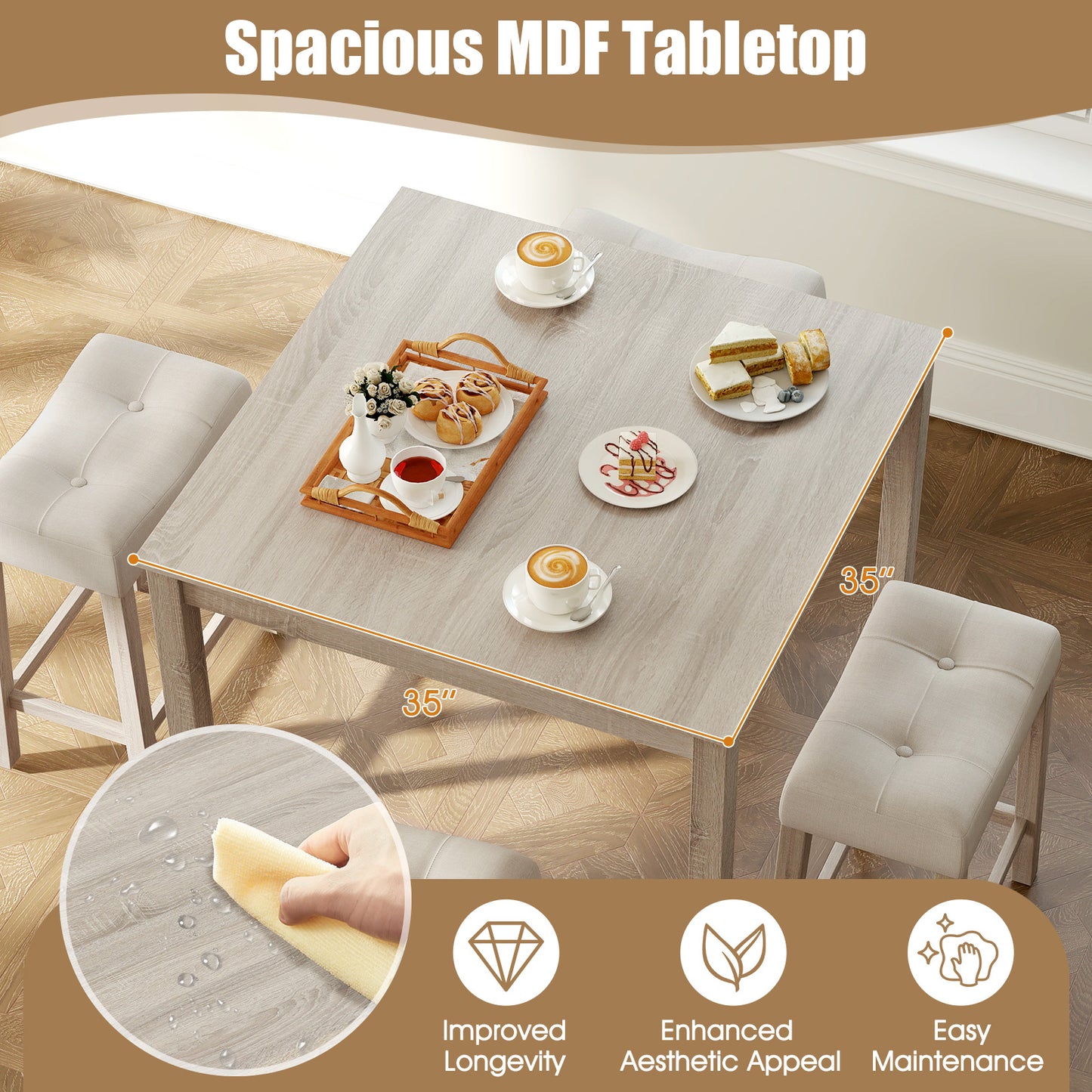 5 Piece Bar Table Set, Square Table, 4 Padded Stools, Gray Dining Room Sets at Gallery Canada