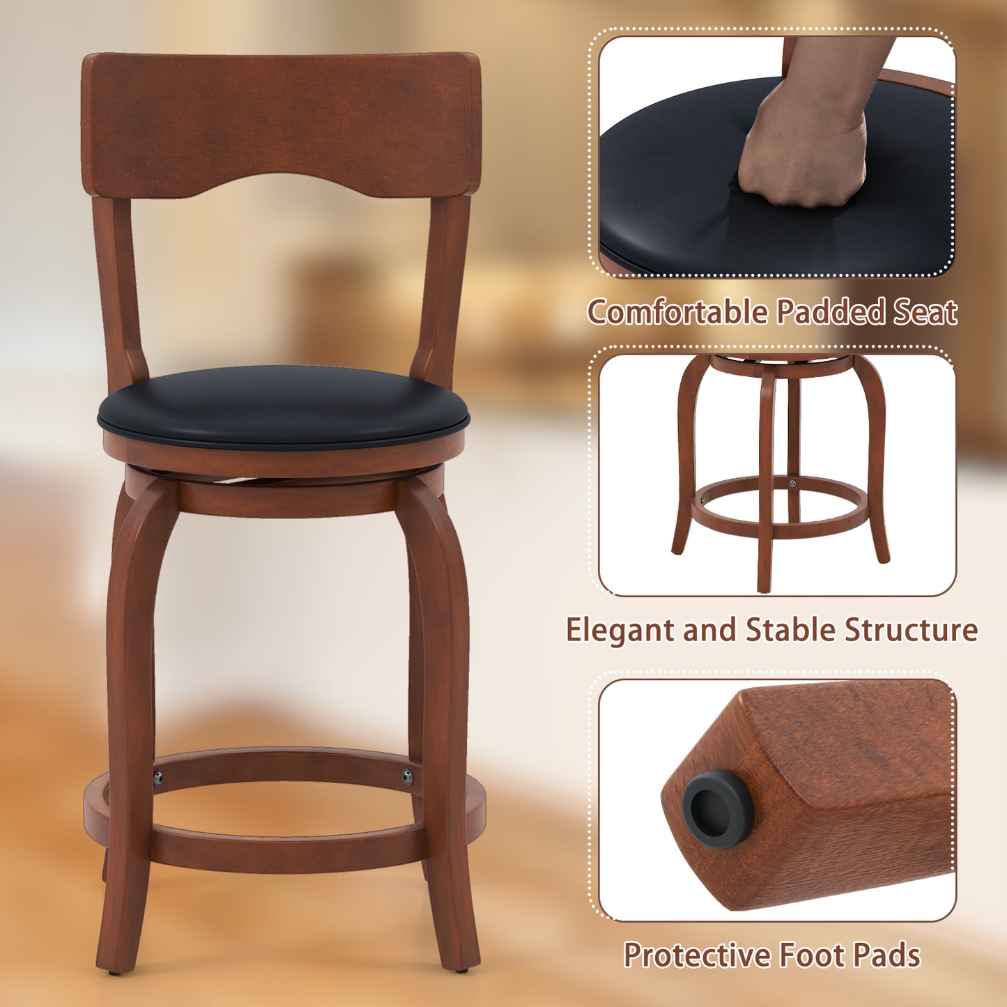 Swivel Bar Stools Set Of 2, Rubber Wood Frame, Upholstered Seat, 24 Inch, Brown, Black Bar Stools at Gallery Canada