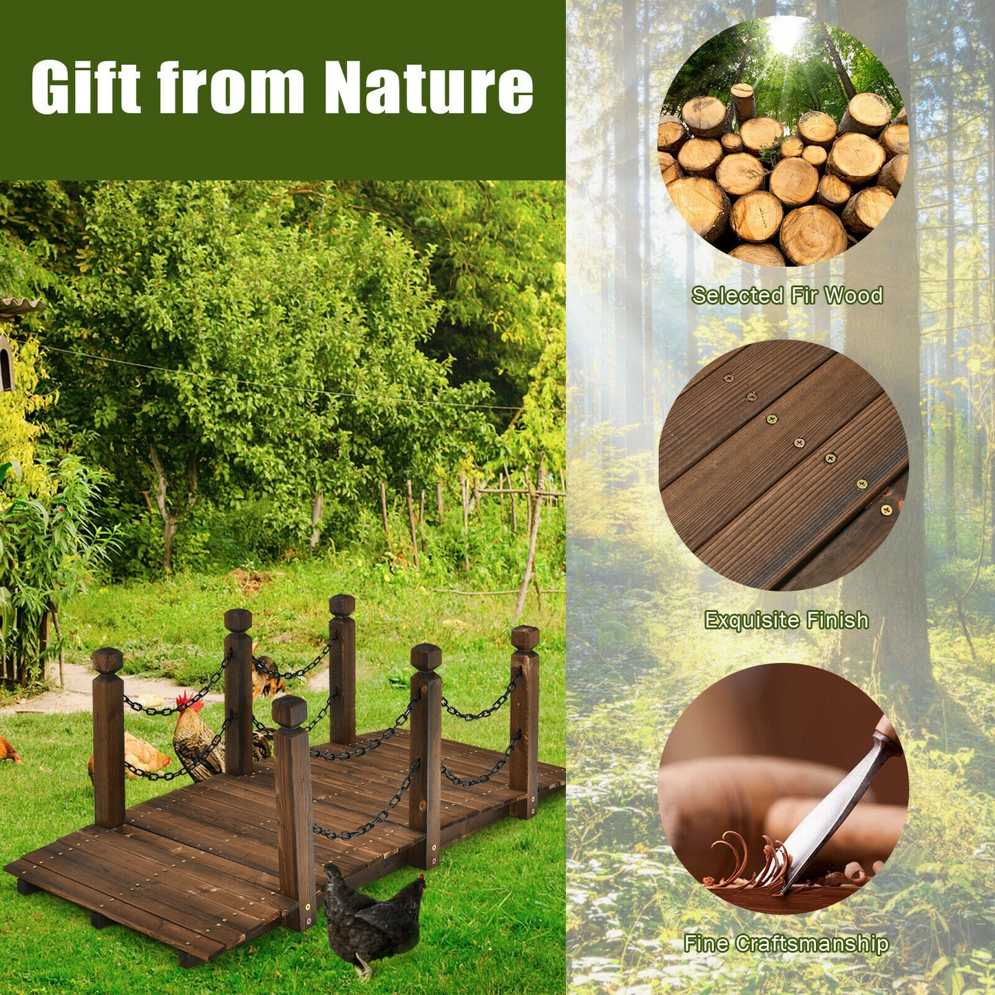 5 Feet Wooden Garden Bridge, Arc Footbridge, Stained Finish, Brown