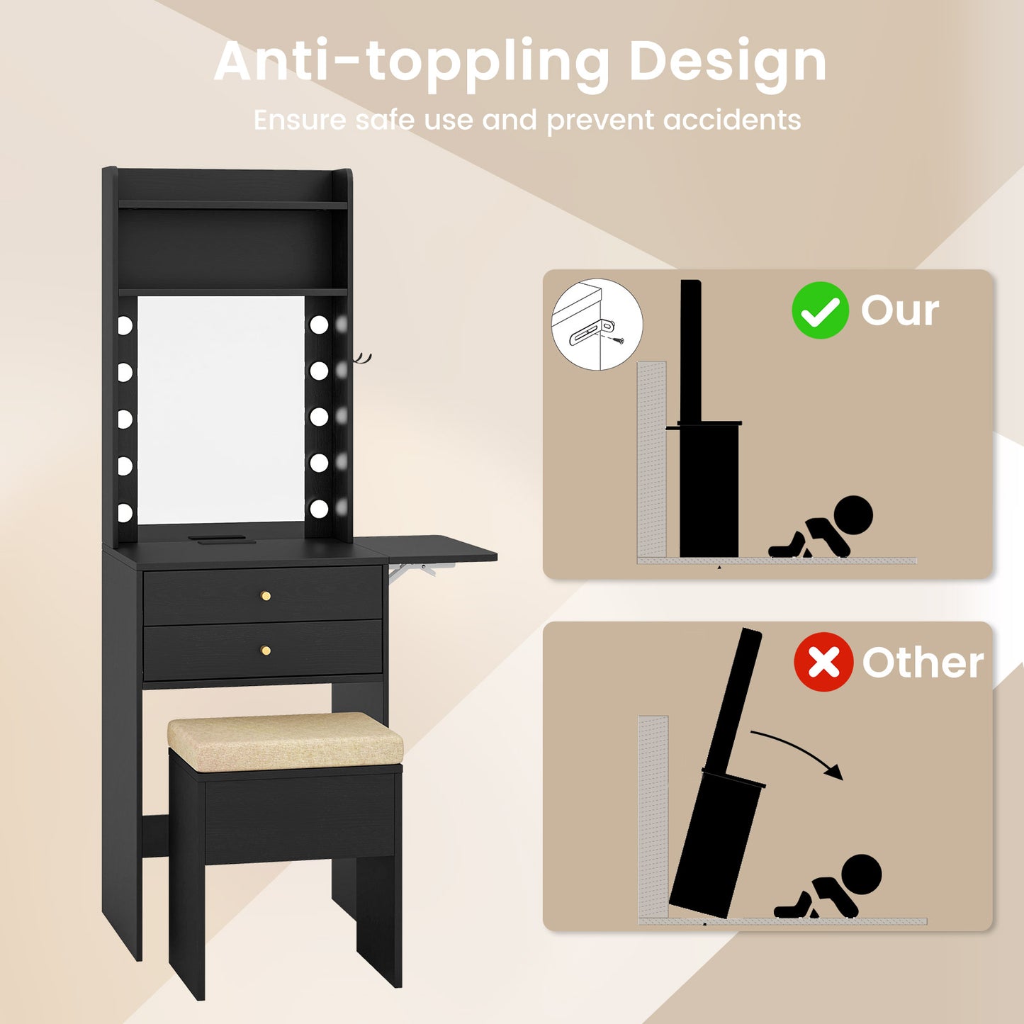 Compact Vanity Desk Set, 3-Color Lighted Mirror, Power Outlets, Black Makeup Vanities at Gallery Canada