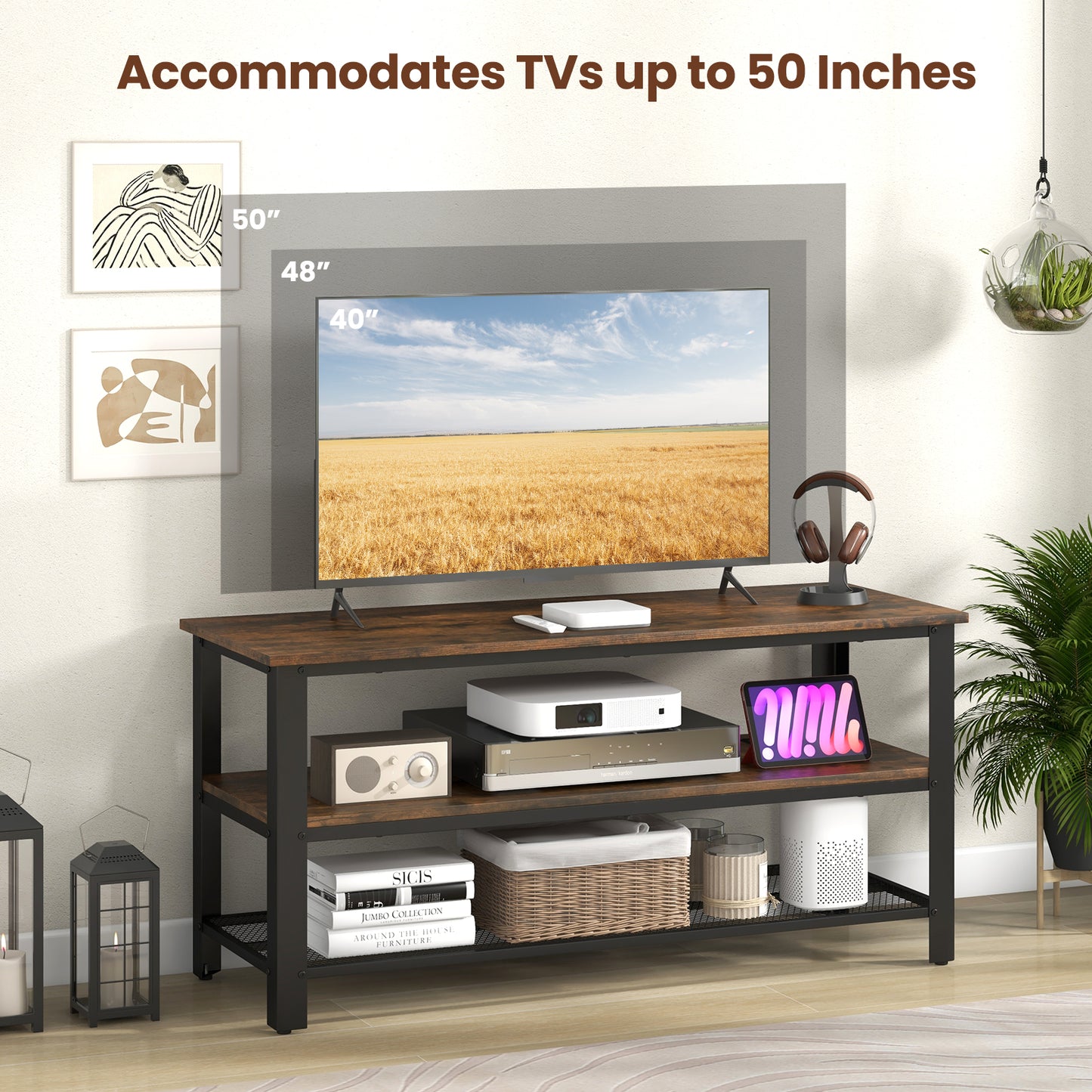 3-Tier Industrial TV Stand, Metal Mesh Shelf, Brown Entertainment Centers & TV Stands at Gallery Canada