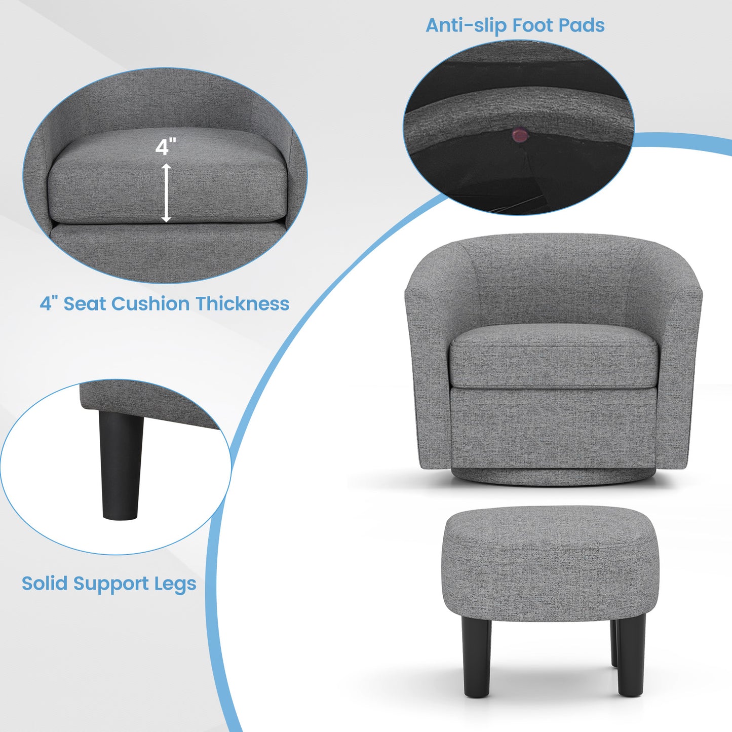 Modern Club Swivel Accent Chair with Ottoman Footrest Curved Backrest-Grey, Gray Ottomans at Gallery Canada