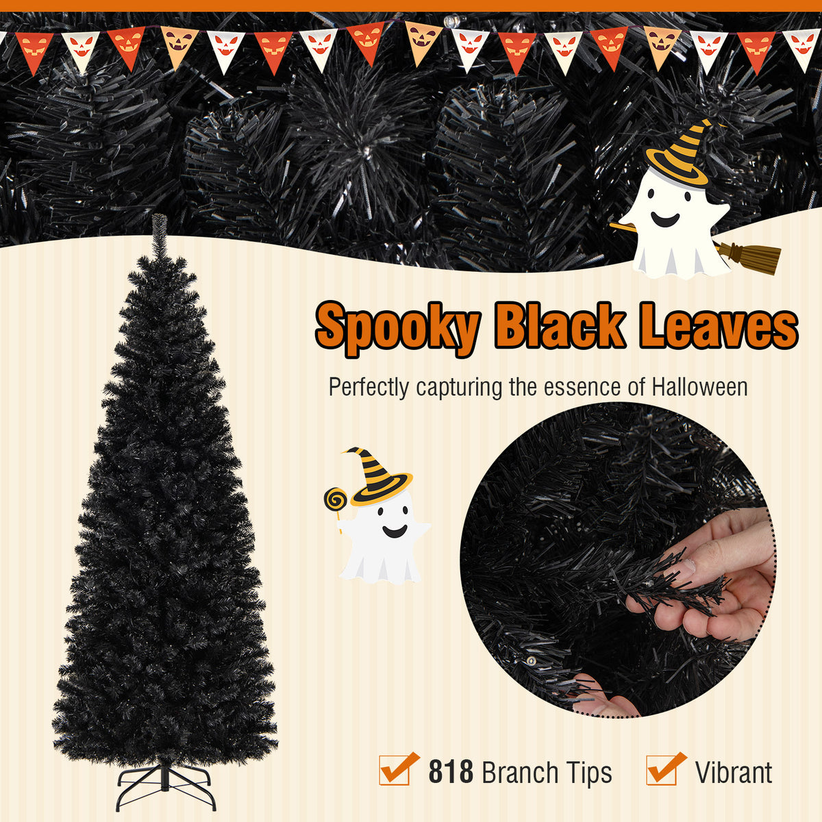Pre-Lit Christmas Halloween Tree, PVC Branch Tips, Warm White Lights, 7', Black Halloween at Gallery Canada