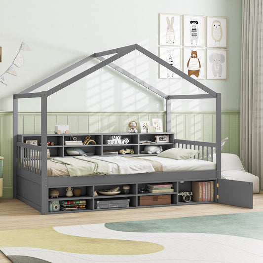 Twin Size House Bed With Roof, 14 Storage Cubes, Enclosed Cabinet, Gray Trundle Bed Frame Gray at Gallery Canada