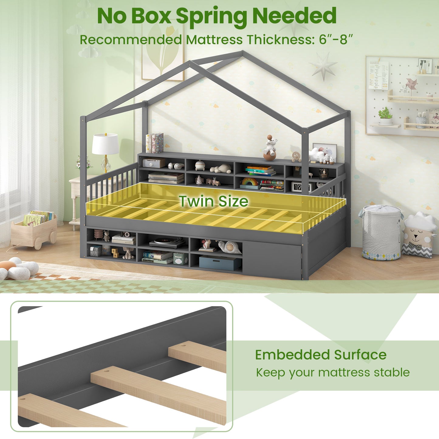 Twin Size House Bed With Roof, 14 Storage Cubes, Enclosed Cabinet, Gray Trundle Bed Frame at Gallery Canada