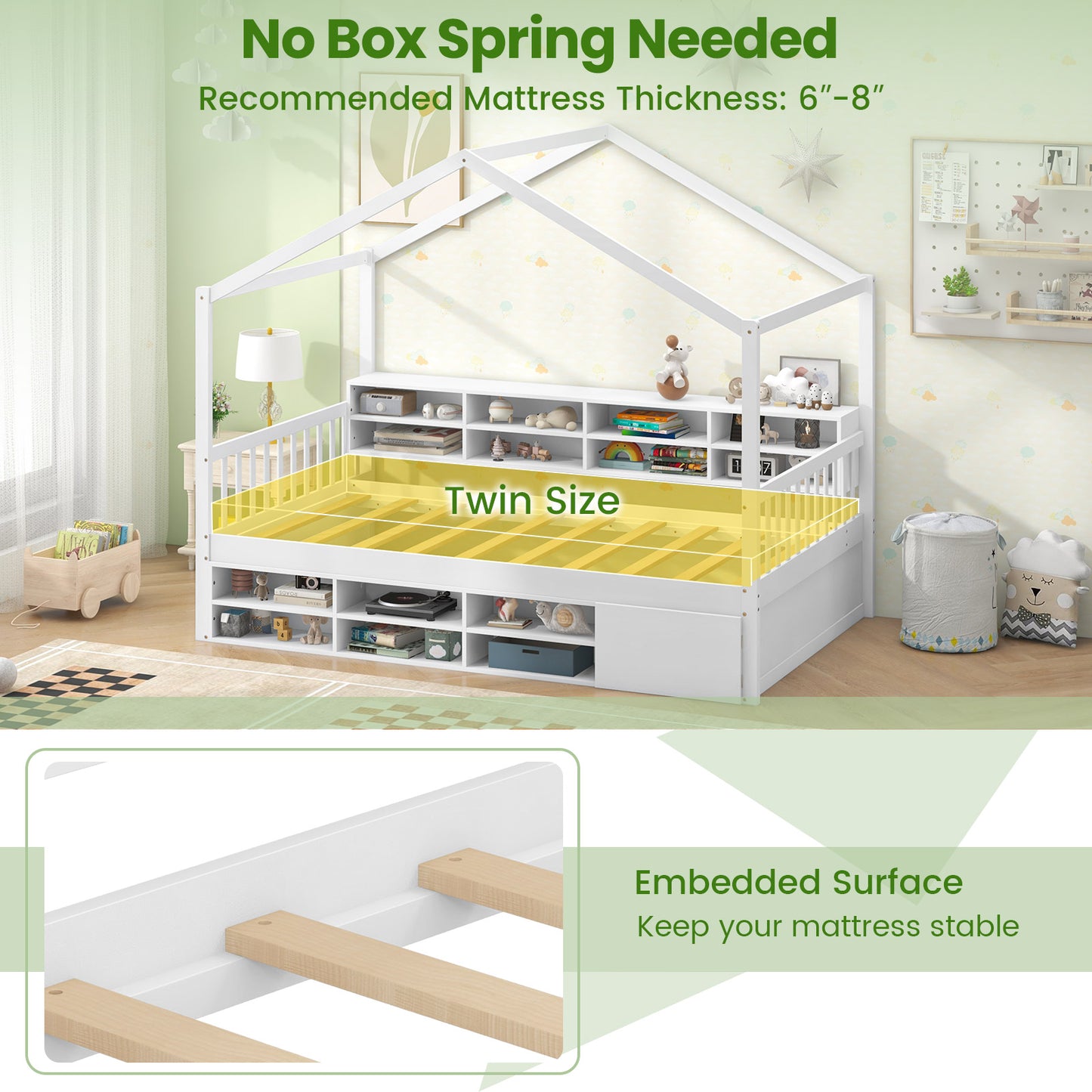 Twin Size House Bed with Roof with 14 Storage Cubes and Enclosed Cabinet, White Trundle Bed Frame at Gallery Canada