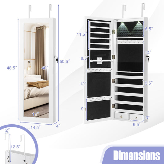 Lockable Wall Mount Mirrored Jewelry Cabinet with LED Lights, White Jewelry Armoires White at Gallery Canada