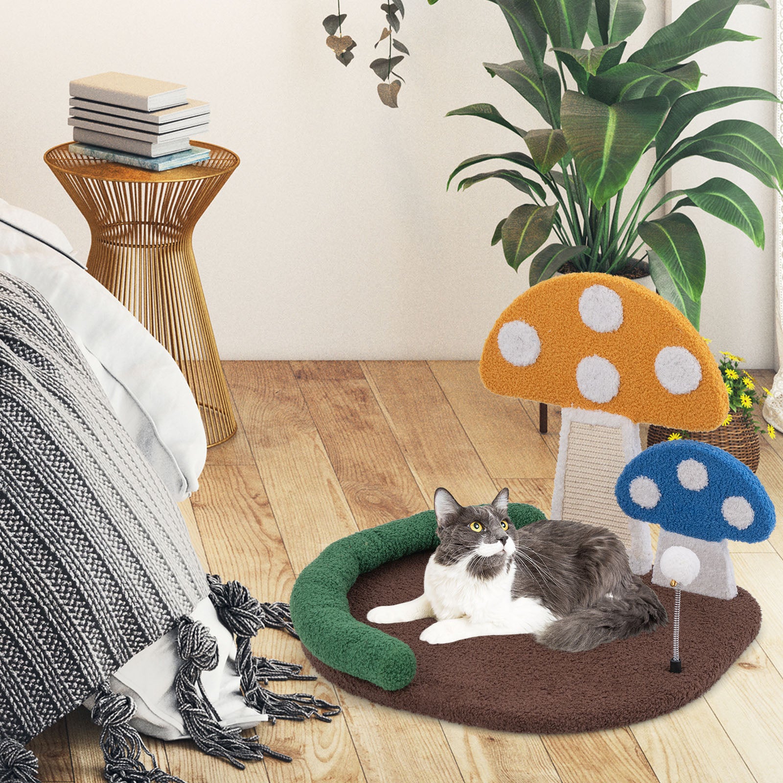 Mushroom Cat Bed Cat Claw Scratcher with Wide Bed and Sisal Scratch Panel, Multicolor Cat Trees Condos & Scratchers at Gallery Canada