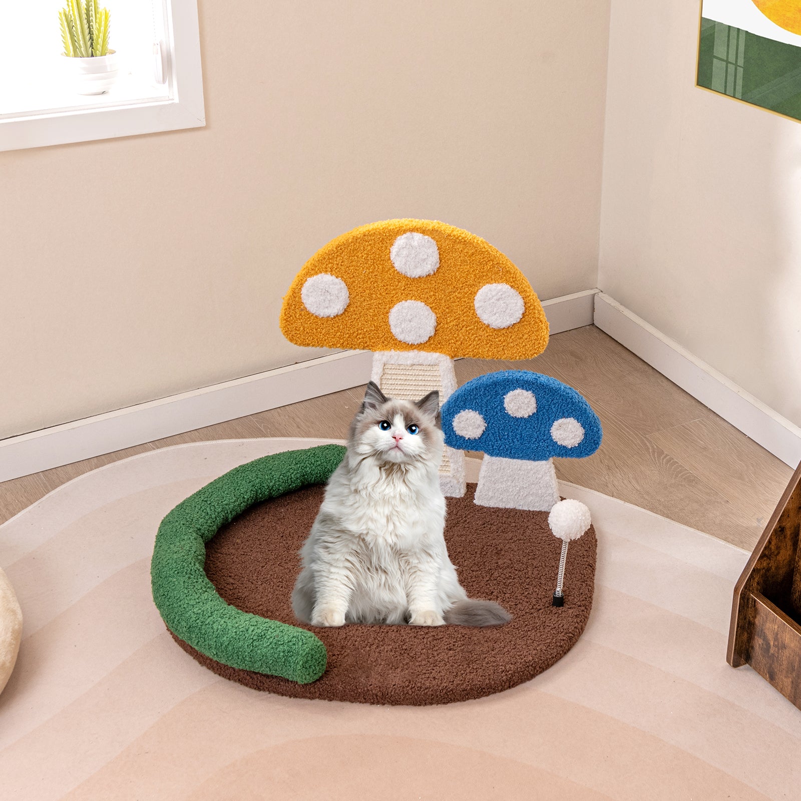 Mushroom Cat Bed Cat Claw Scratcher with Wide Bed and Sisal Scratch Panel, Multicolor Cat Trees Condos & Scratchers at Gallery Canada