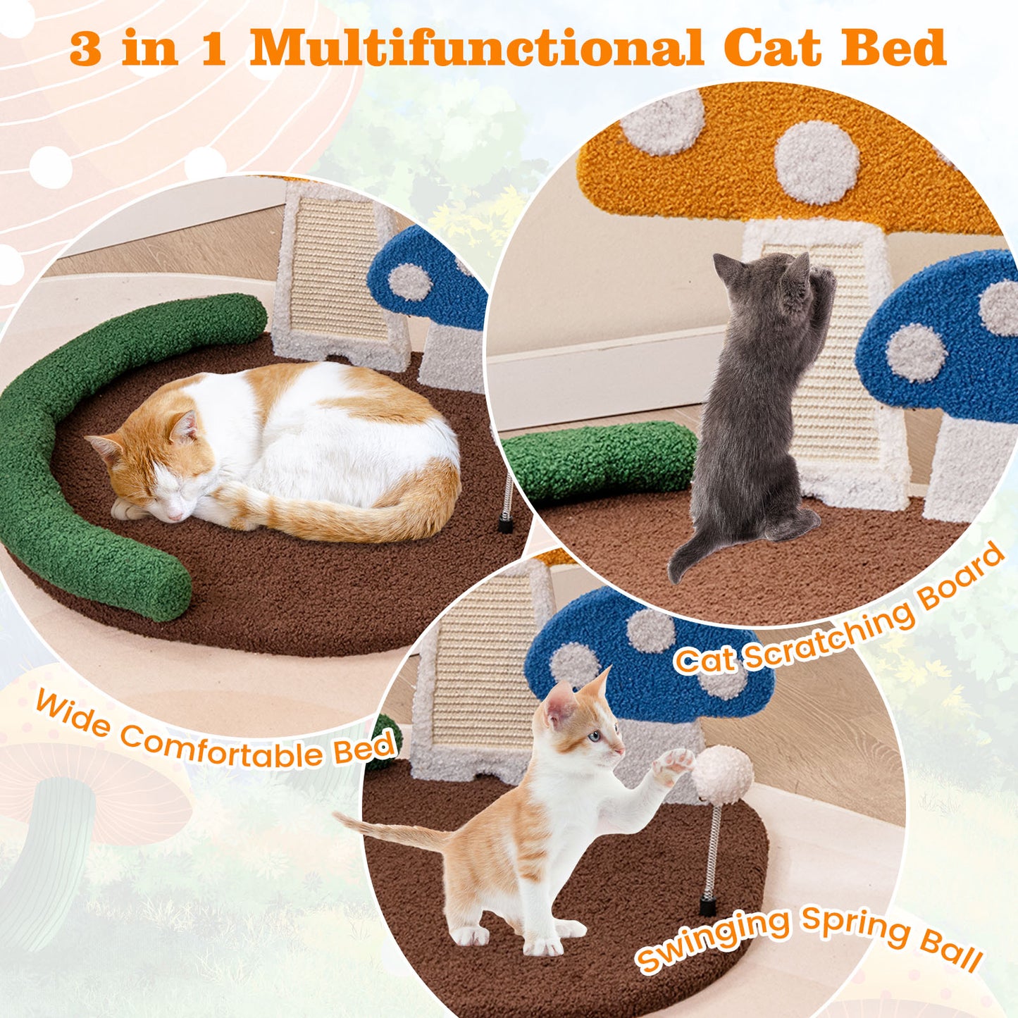 Mushroom Cat Bed Cat Claw Scratcher with Wide Bed and Sisal Scratch Panel, Multicolor Cat Trees Condos & Scratchers at Gallery Canada
