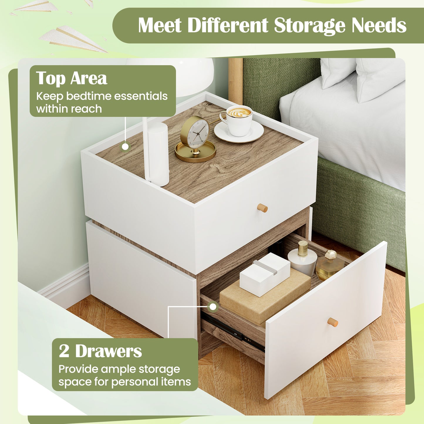 Modern Nightstand, 2-Drawer Storage, Natural White Nightstands at Gallery Canada