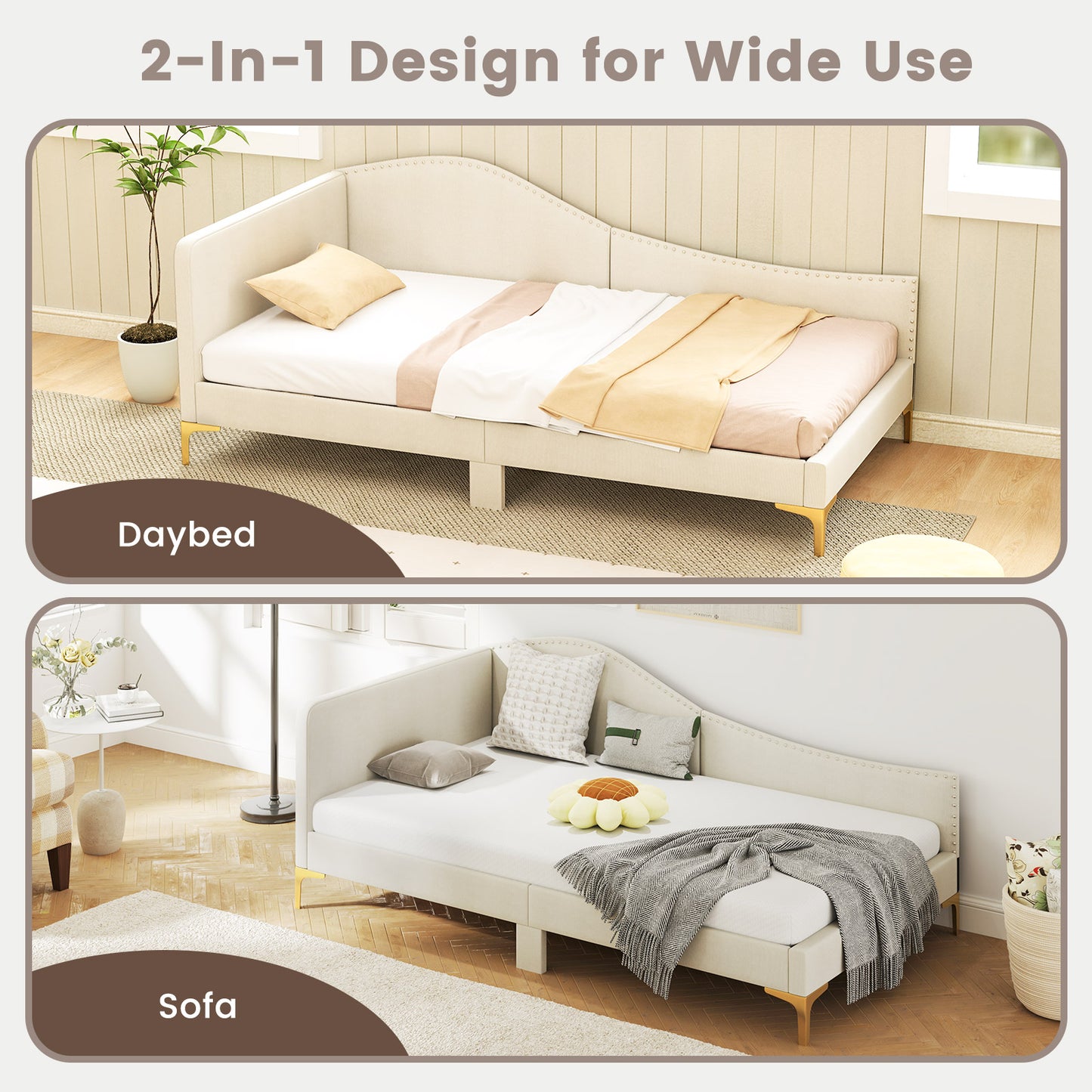 Upholstered Daybed, Twin Size, Metal Legs, Wood Slats, Beige Simple Bed Frame at Gallery Canada