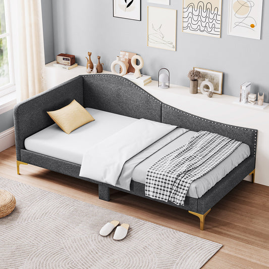 Twin Size Rivet-Tufted Platform Bed, Metal Legs, Wood Slats, Gray Simple Bed Frame Gray at Gallery Canada