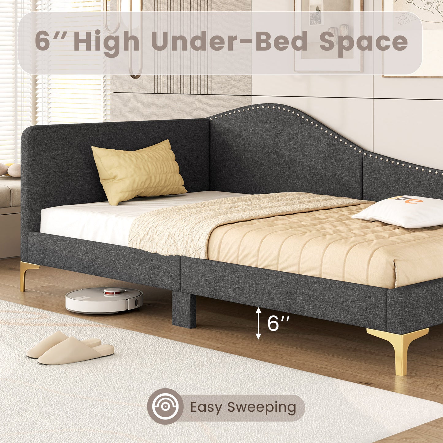 Twin Size Rivet-Tufted Platform Bed, Metal Legs, Wood Slats, Gray Simple Bed Frame at Gallery Canada