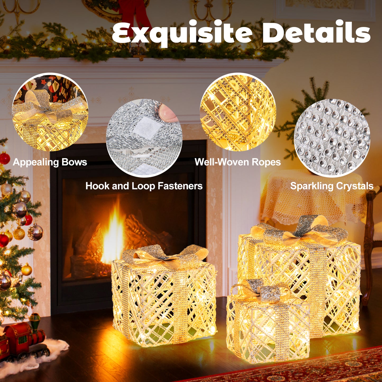 3 Pack Christmas Lighted Gift Box, 50 LED Lights, Detachable Bows, White Christmas Decor & Accessories at Gallery Canada