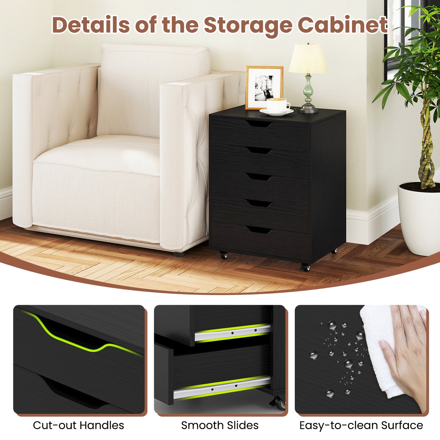 5 Drawer Mobile File Cabinet With Wheels, Black File Cabinets at Gallery Canada