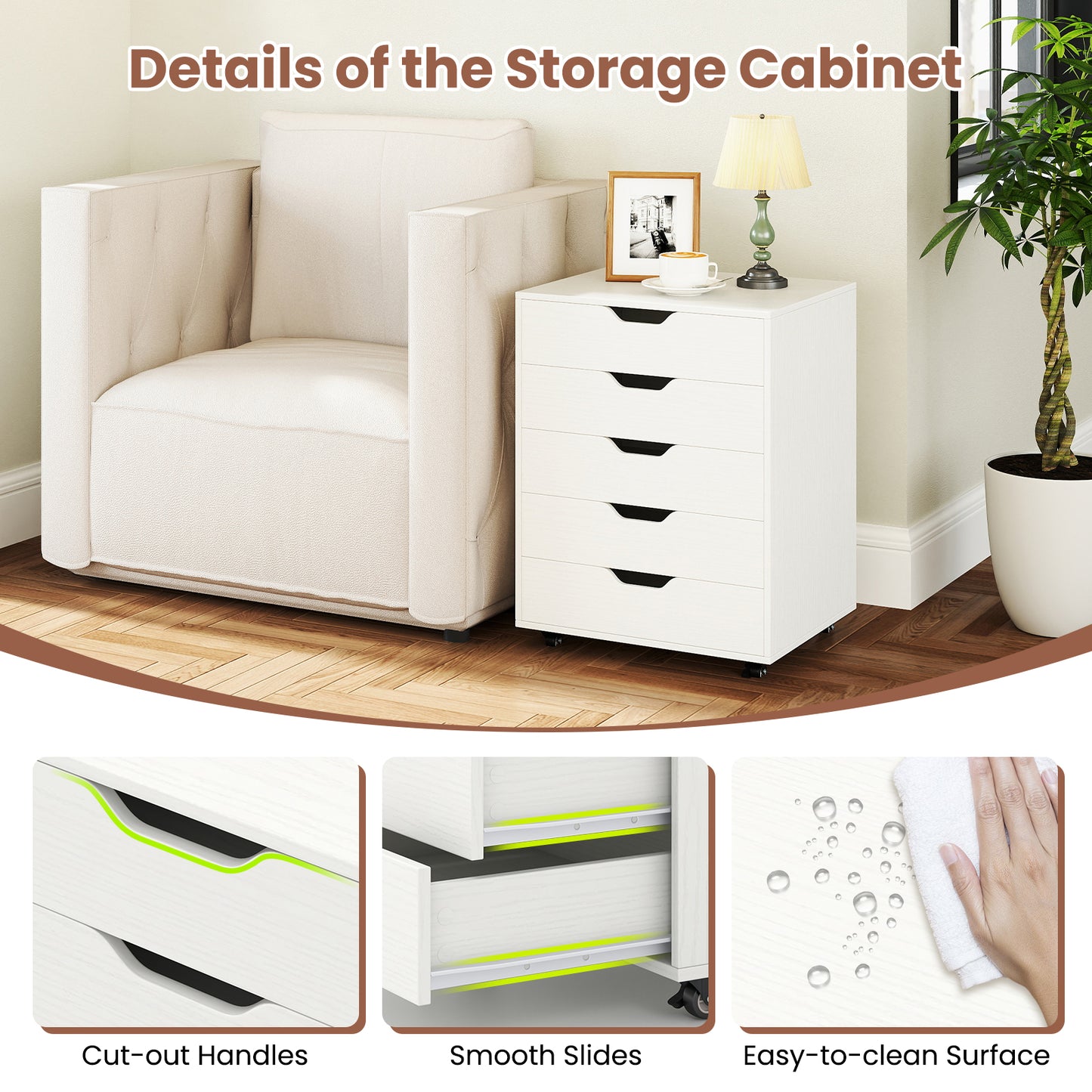 5 Drawer Mobile File Cabinet, White File Cabinets at Gallery Canada