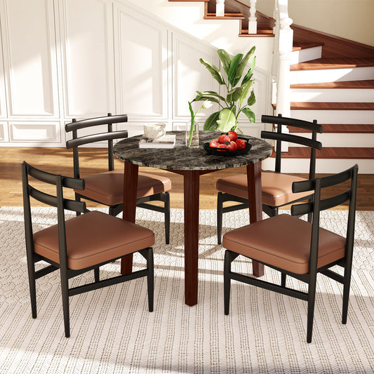 35 Inch Round Dining Table, Rubber Wood Legs, Marble Veneer Top, Brown Dining Tables Brown at Gallery Canada