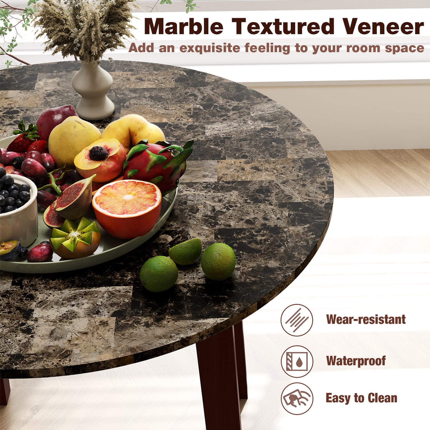 Table à manger ronde de 35 pouces, pieds en bois d'hévéa, plateau en placage de marbre, marron