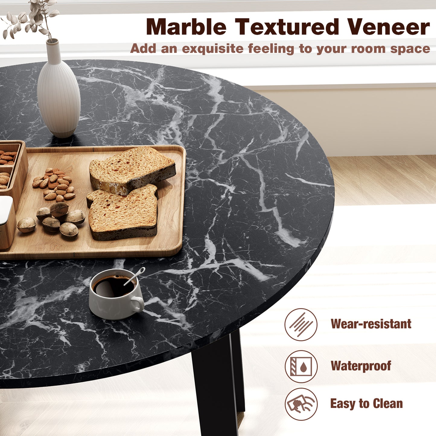 Table ronde à manger de 35 pouces, pieds en bois d'hévéa, plateau en placage de marbre, noir