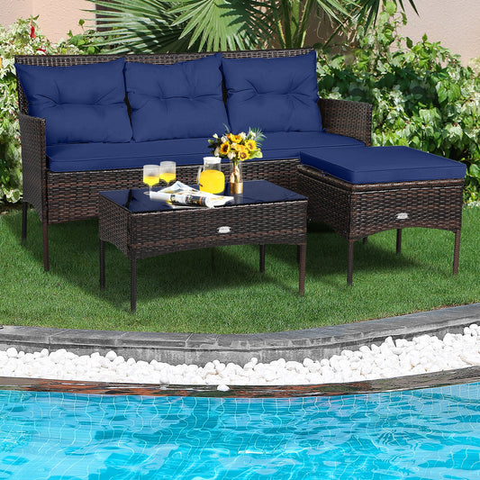 3 Piece Patio Sectional Set, 5 Cushions, Navy