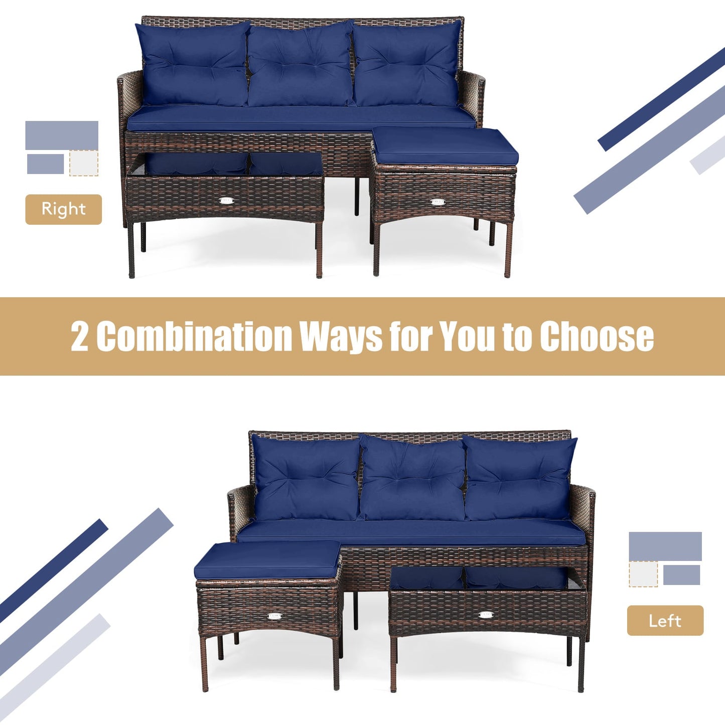 3 Piece Patio Sectional Set, 5 Cushions, Navy Patio Conversation Sets at Gallery Canada