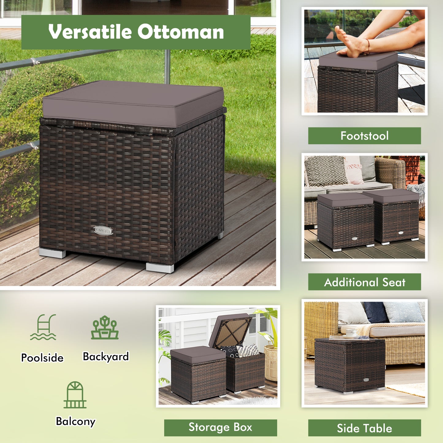 Patio Ottoman With Removable Cushions, 2 Pieces, Gray Outdoor Seating & Patio Chairs at Gallery Canada