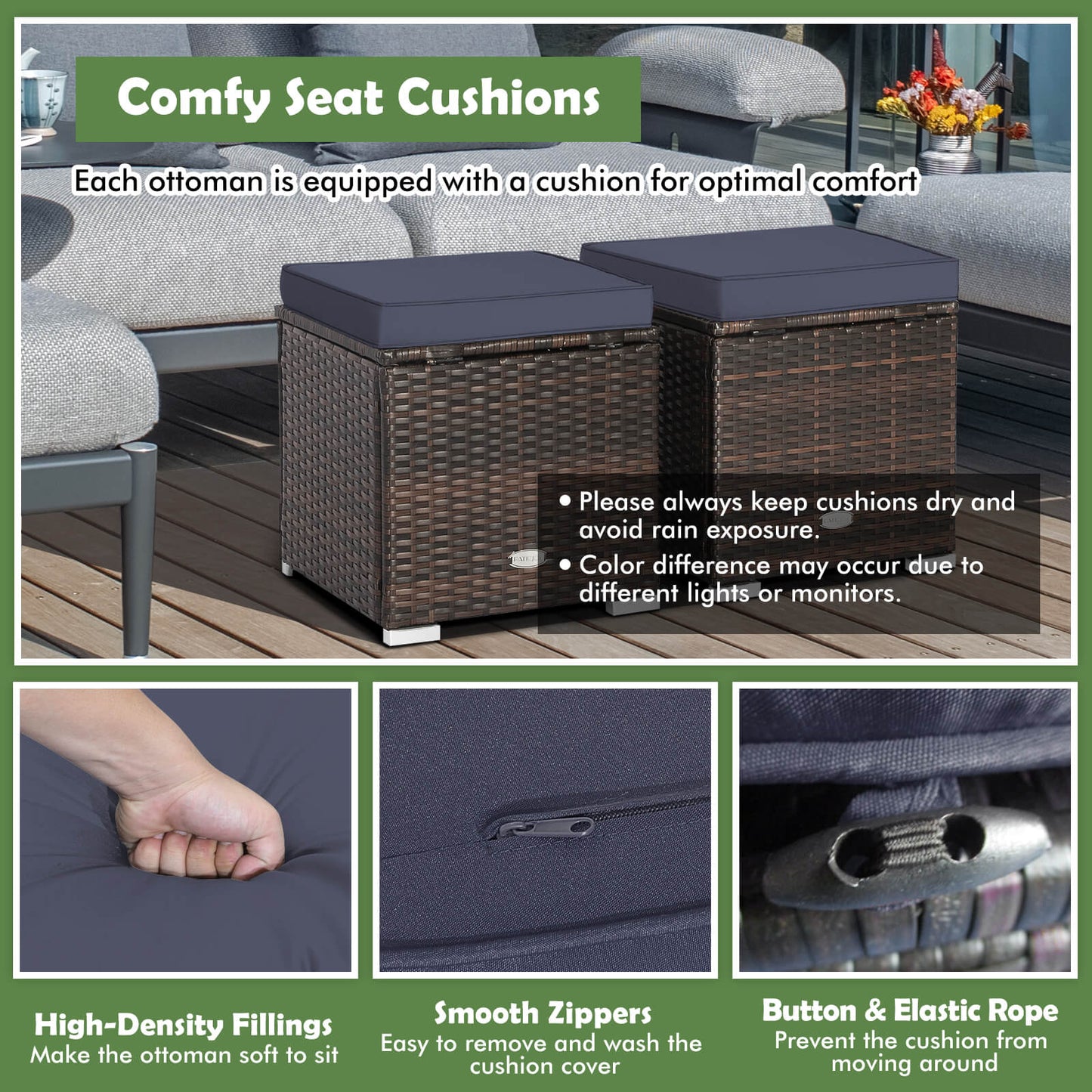 Patio Ottoman With Removable Cushions, Navy