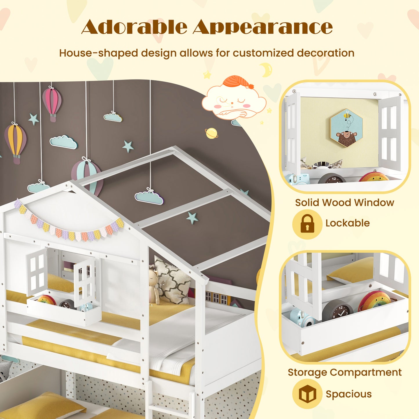 Twin Over Twin Bunk Bed, With Roof And Lockable Window, White Toddler Beds at Gallery Canada