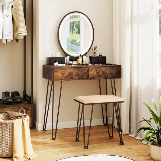 Vanity Table Set With 3-Color Lighted Dimmable Mirror, Brown Makeup Vanities Brown at Gallery Canada