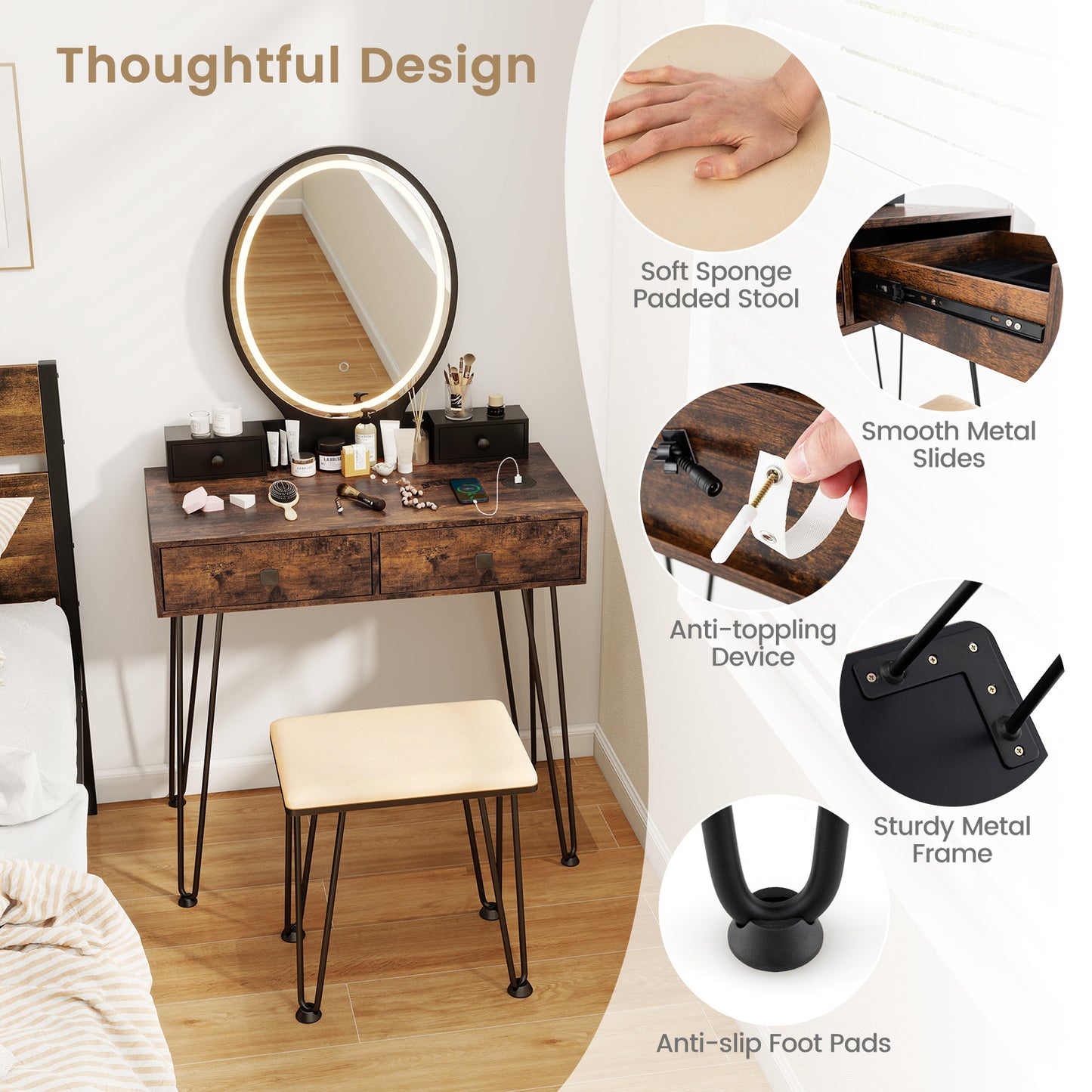 Ensemble de Coiffeuse avec Miroir Éclairé à 3 Couleurs et Gradateur, Marron