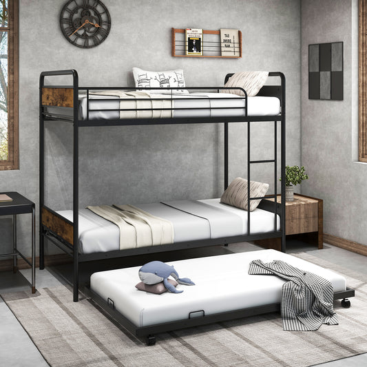 Twin Over Twin Bunk Bed with Trundle with Ladder and Full-length Guardrails, Black Trundle Bed Frame Black at Gallery Canada