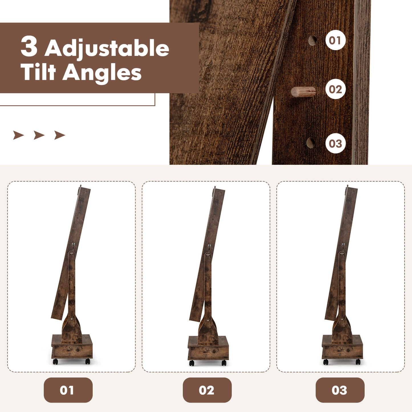 Rolling Floor Standing Mirrored Jewelry Armoire with Lock and Drawers, Rustic Brown Jewelry Armoires at Gallery Canada