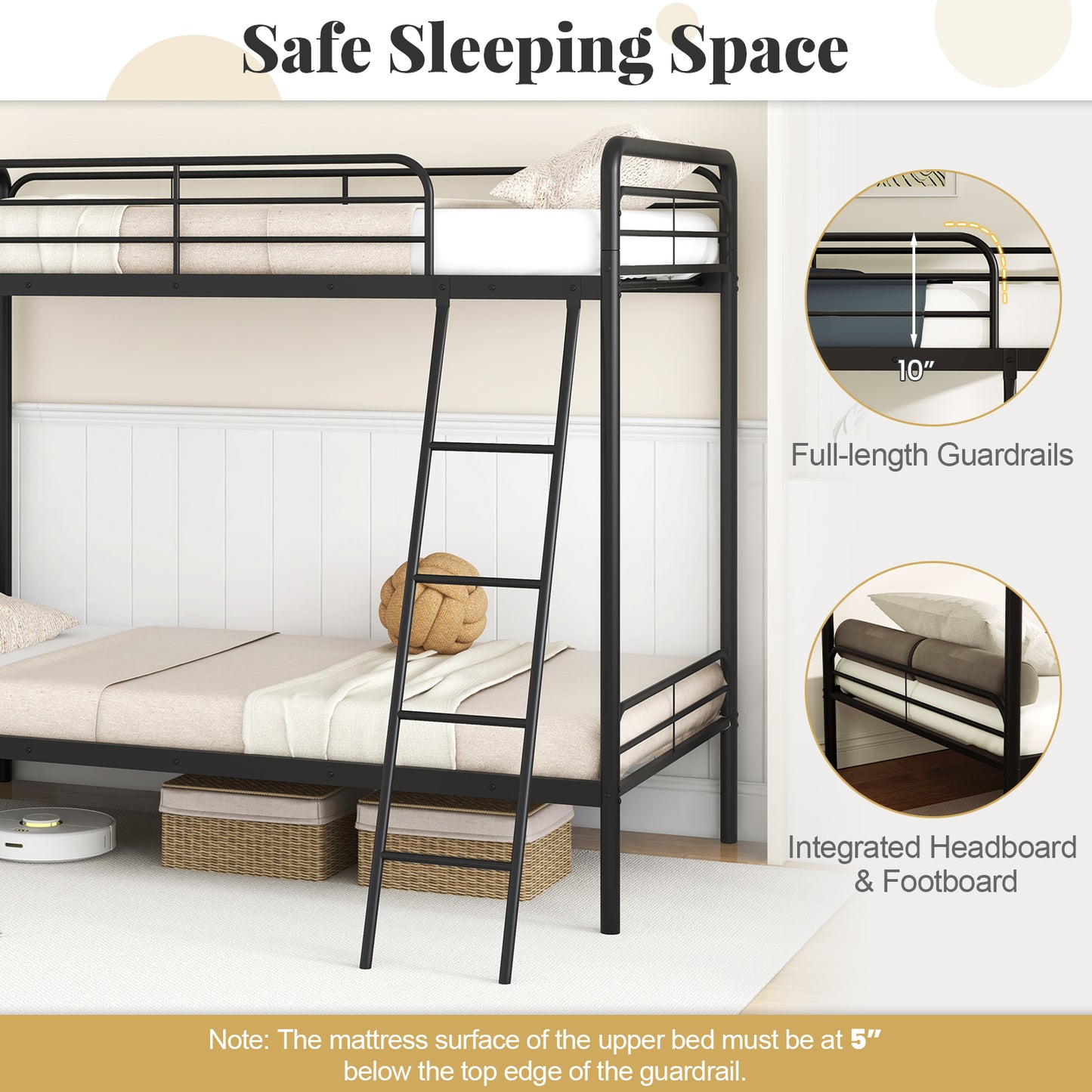 Heavy Duty Metal Bunk Bed, With Ladder And Safety Guardrails, Black Trundle Bed Frame at Gallery Canada
