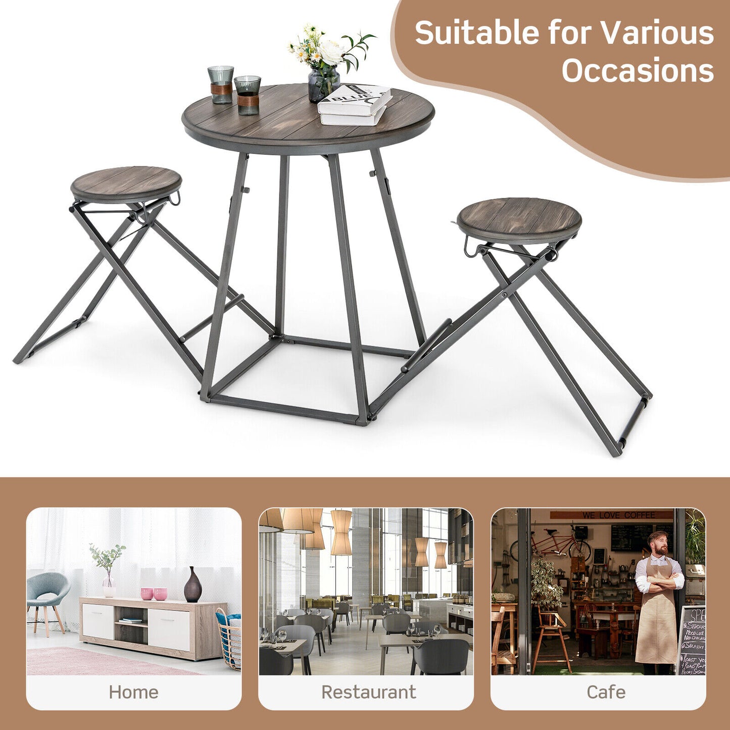 3 Piece Dining Table Set With 2 Foldable Stools, Gray Dining Room Sets at Gallery Canada