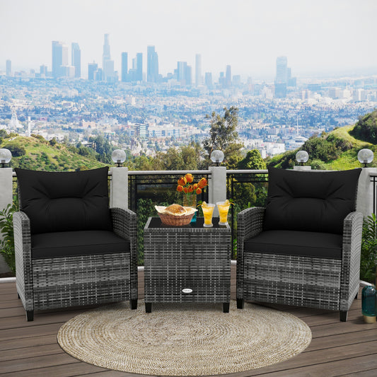 3 Pieces Outdoor Wicker Conversation Set with Tempered Glass Tabletop, Black Patio Conversation Sets Black at Gallery Canada