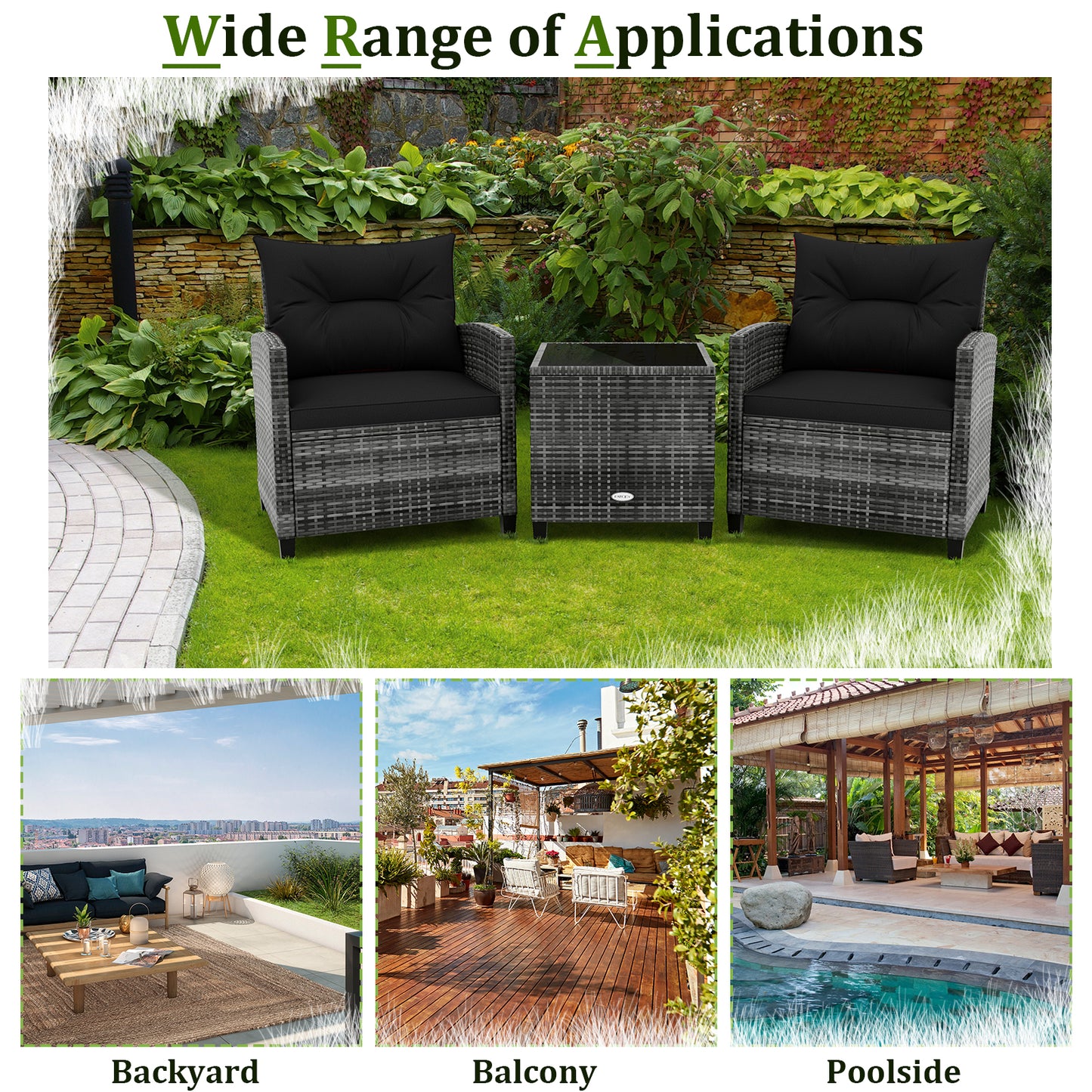 3 Pieces Outdoor Wicker Conversation Set with Tempered Glass Tabletop, Black Patio Conversation Sets at Gallery Canada