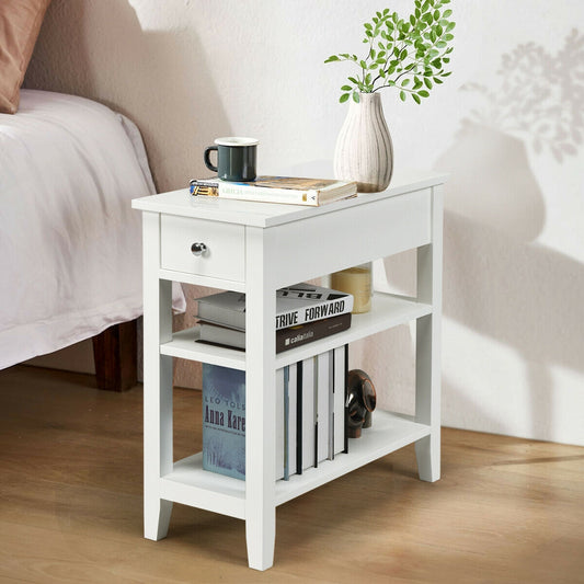 3-Tier Nightstand Bedside Table Sofa Side with Double Shelves Drawer, White Nightstands White at Gallery Canada