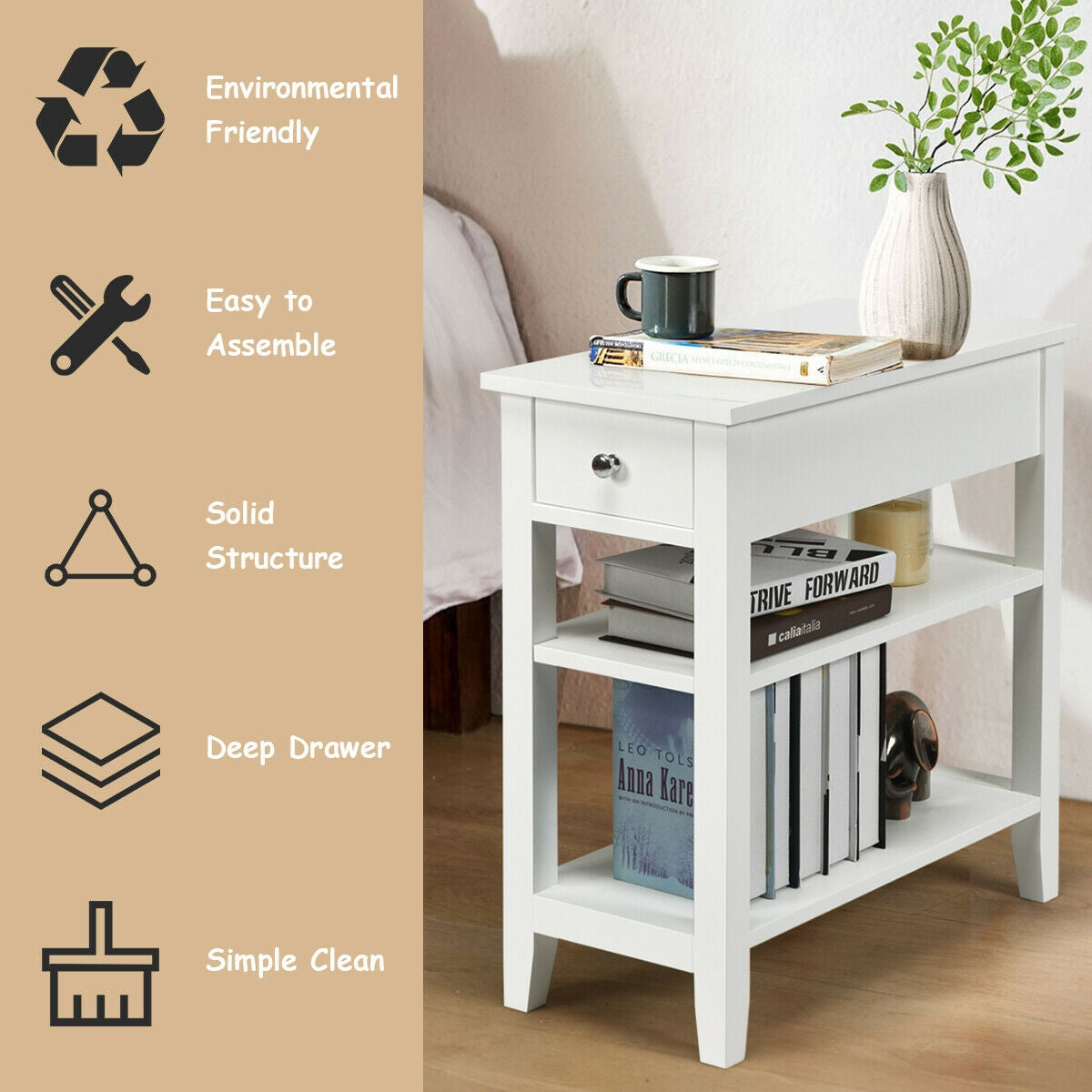 3-Tier Nightstand With Double Shelves Drawer, White