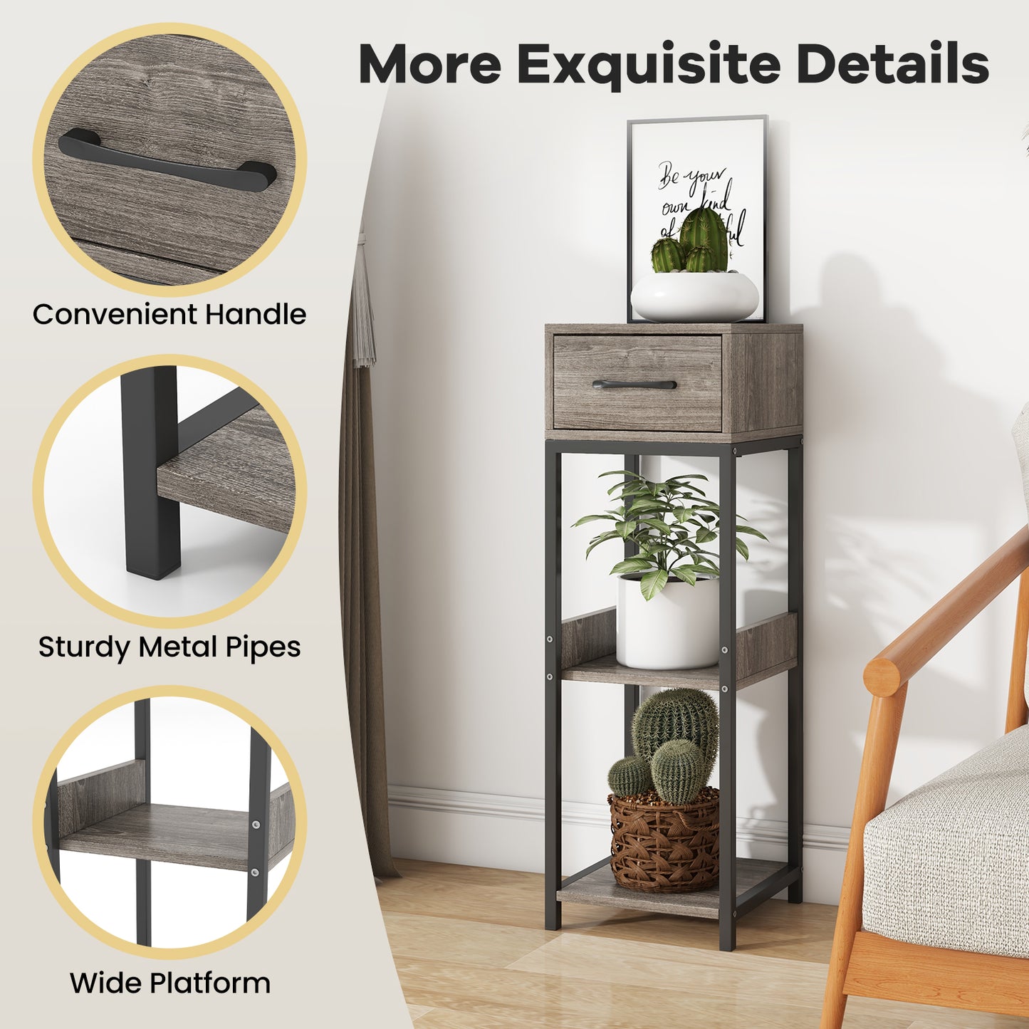 3 Tier Tall Plant Stand With Drawer, Anti-Tipping, Gray End & Side Tables at Gallery Canada