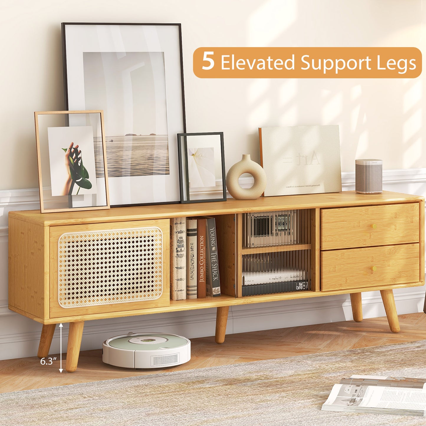 Bamboo TV Stand For 65 Inch TV, Natural End & Side Tables at Gallery Canada