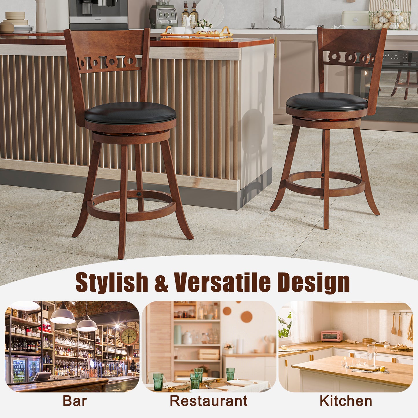 Set of 2 Swivel Bar Stools with Rubber Wood Frame-24.5 inches, Brown Bar Stools at Gallery Canada