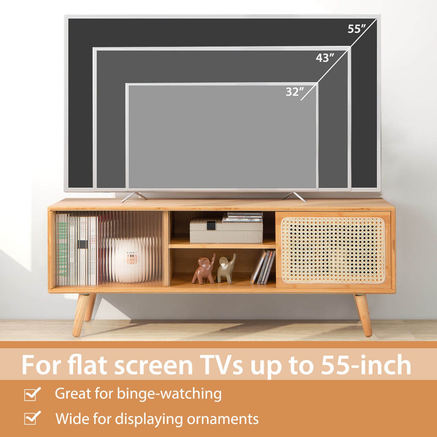 Modern TV Stand With Rattan Glass Sliding Doors, Natural Entertainment Centers & TV Stands at Gallery Canada